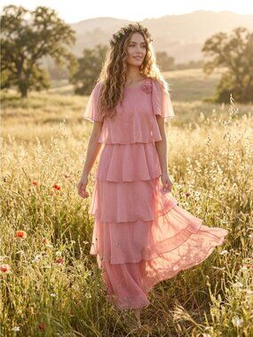 Vintage 70s Dress Pink Chiffon Tiered Maxi Capelet Flutter Sleeve Formal Boho 14